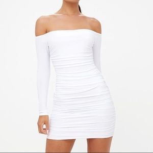 Worn once- Pretty Little Thing white Bardot ruched bodycon dress in US4!